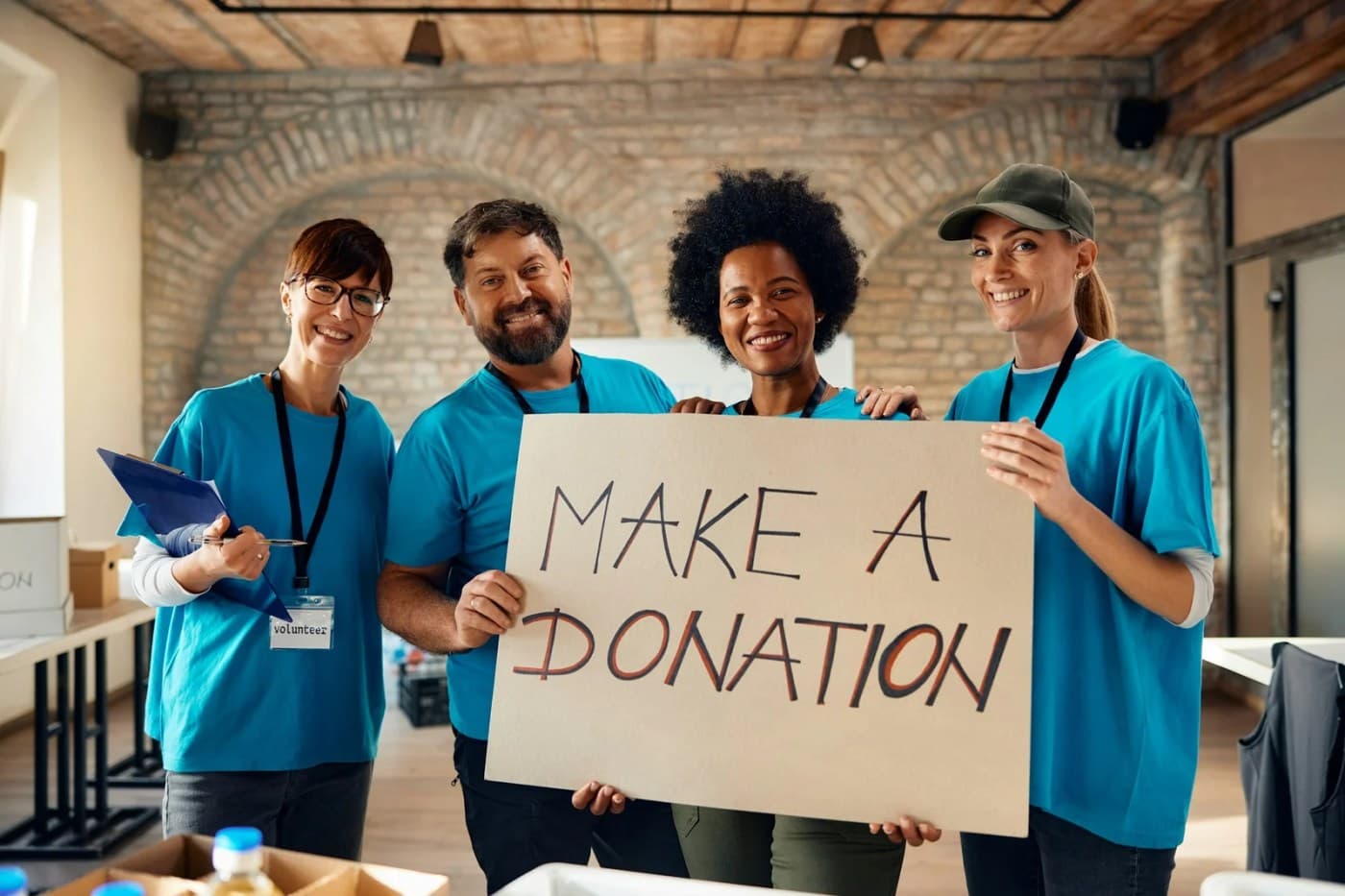Volunteers holding a make-a-donation placard.